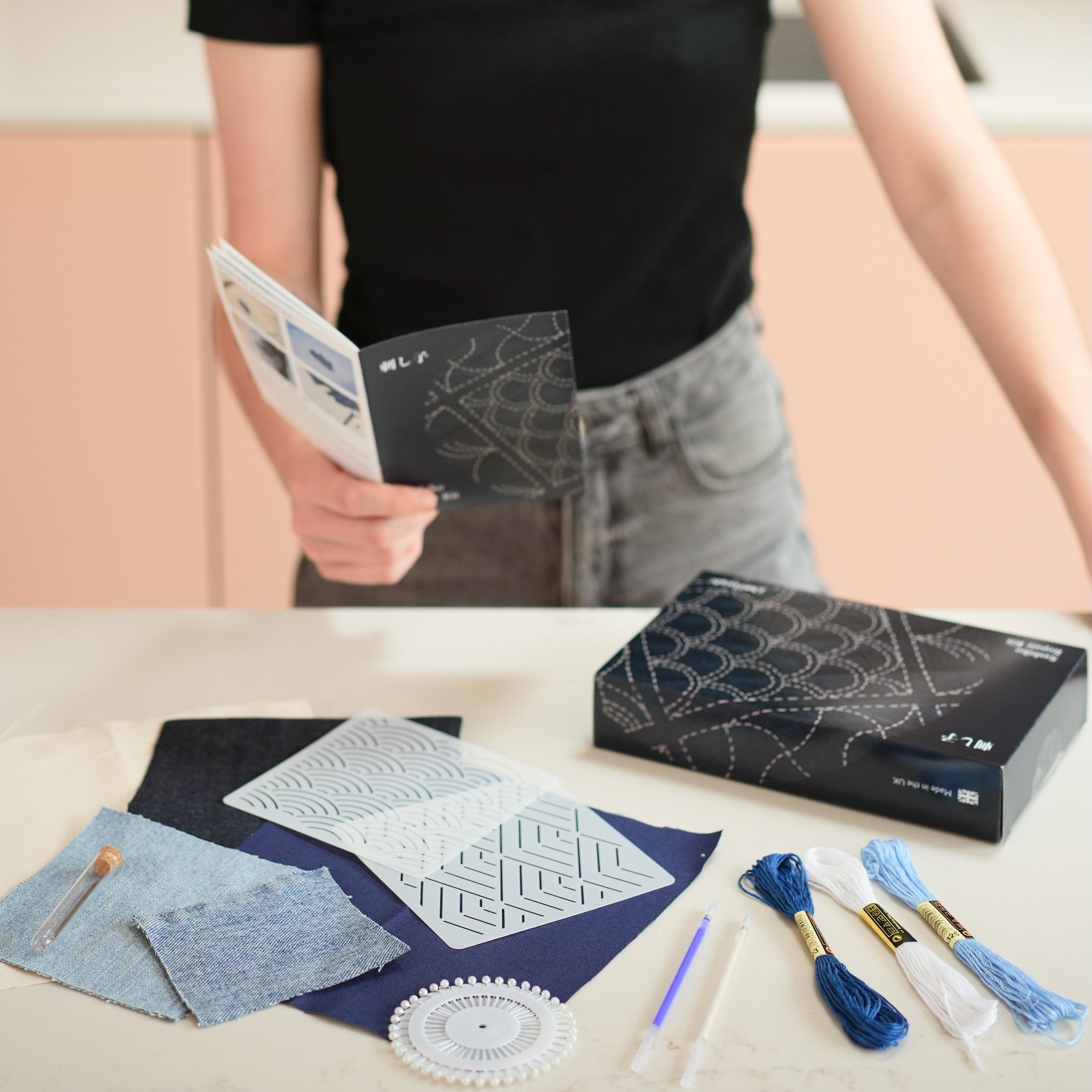 OurHands Sashiko Repair Kit – complete kit contents with fabric patches, thread and needles